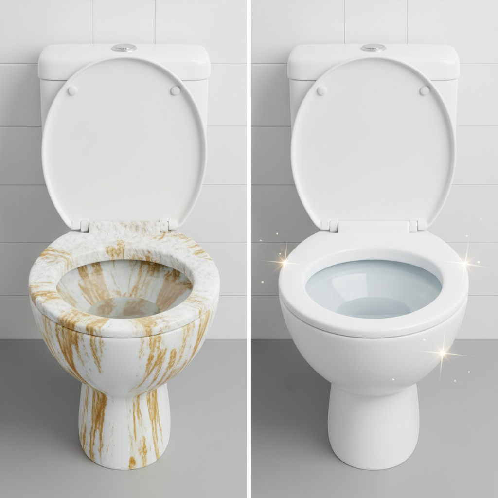 A bright and professional 3D render or detailed vector illustration showcasing the transformation of a toilet bowl. The image is conceptually split into two halves: the left side displays a toilet bowl with visible signs of stubborn dirt, such as prominent white limescale deposits around the rim and brownish-yellow urine scale stains below the waterline. The right side contrasts sharply, presenting the identical toilet bowl sparkling immaculately clean, with gleaming white ceramic and a reflective, pristine water surface. Subtle light rays and small starburst elements emanate from the clean side, emphasizing 'radiant cleanliness.' The background is a clean, minimalistic bathroom setting.