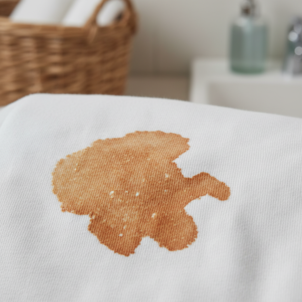 A close-up professional photo of a fresh, prominent brown Betaisodona stain on a crisp white fabric, perhaps a cotton t-shirt or towel. The edges of the stain appear slightly wet and vibrant, showing its recent occurrence. The fabric should show its texture clearly, emphasizing the stain's adherence. In the softly blurred background, elements hinting at a typical home setting like a laundry basket or a small corner of a bathroom counter can be subtly visible. The overall mood should convey a common household predicament.