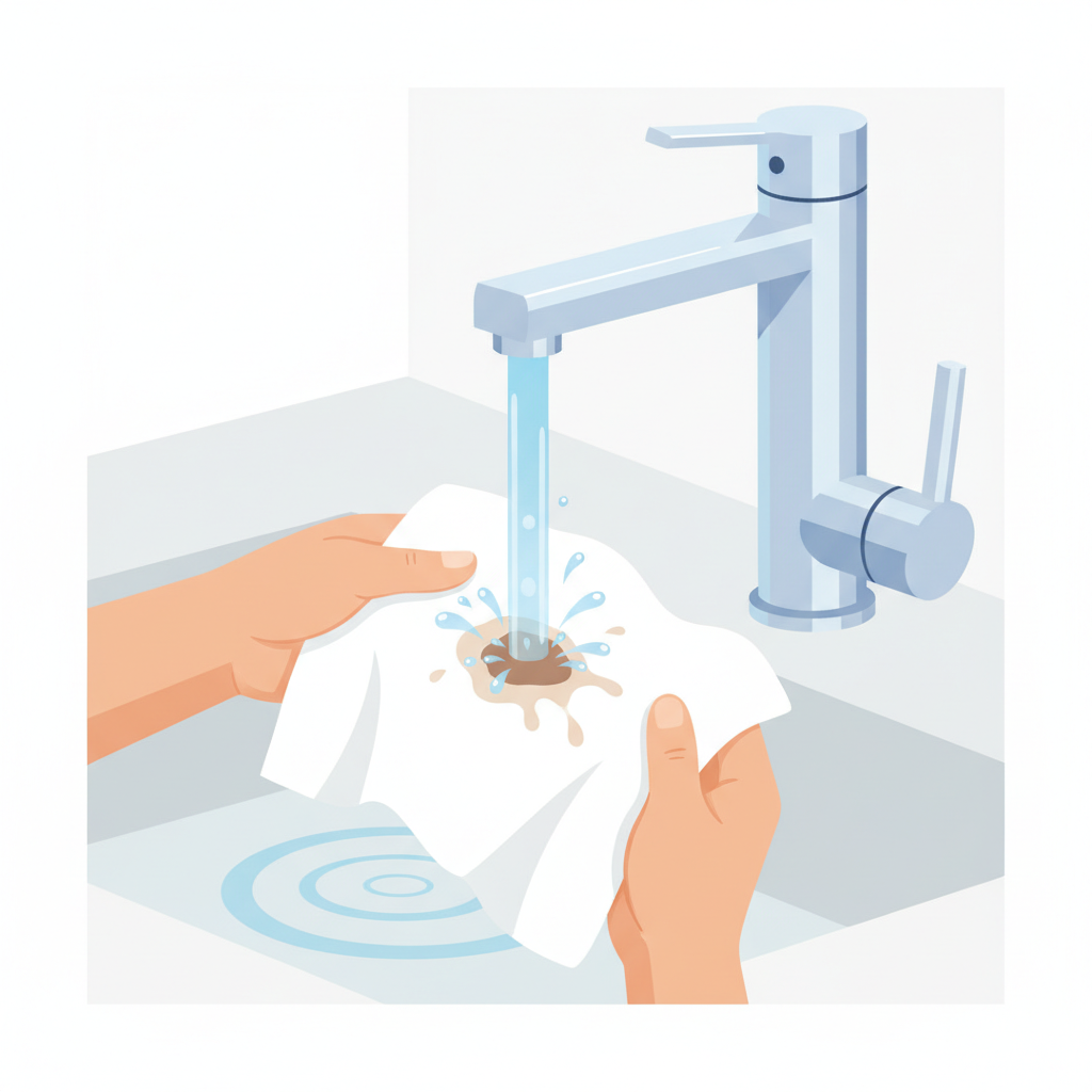 A vibrant, clean flat illustration depicting the immediate action of removing a fresh stain. A pair of hands gently holds a crumpled piece of white fabric, visibly stained with a small brown mark, directly under a stream of cold running water from a modern kitchen or utility tap. Water droplets are shown splashing gently off the fabric. The focus is on the interaction between the water and the stain, conveying urgency and effective initial treatment. The background is simple and uncluttered, emphasizing the action.