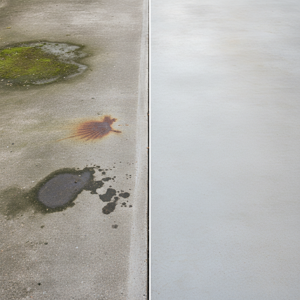 A high-quality, split-screen professional photo of an outdoor concrete surface like a patio or driveway. The left side depicts a visibly stained section of concrete, showcasing distinct patches of green algae and moss, a reddish-brown rust stain from a metallic object, and a dark, irregular oil or grease mark. The right side shows the exact same concrete surface, now immaculately clean, uniformly light grey, and free of any discolorations, glistening subtly under soft sunlight. The transition line between the dirty and clean sections is sharp and clear, emphasizing the 'before and after' effect.