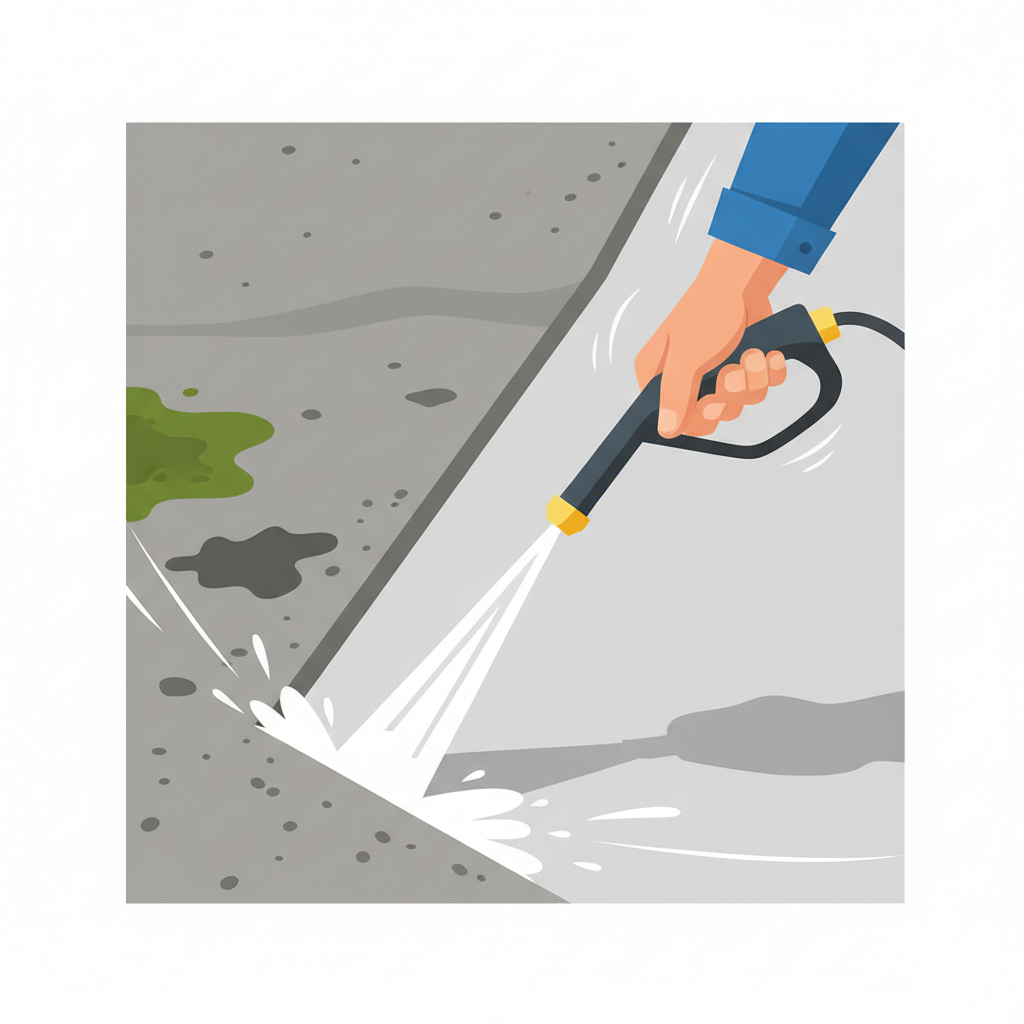 A vibrant, detailed flat illustration depicting a close-up of a hand actively cleaning a portion of a concrete surface. The hand holds a cleaning tool, perhaps a power washer nozzle or a stiff brush, directing a stream of water or cleaning solution onto a stubborn stain. One half of the concrete area is visibly dirty with a patch of green organic growth and a dark smudge, while the other half, where the cleaning action is focused, is noticeably lighter and cleaner, showing the stain gradually disappearing. Dynamic lines and subtle motion blurs can suggest the active cleaning process.