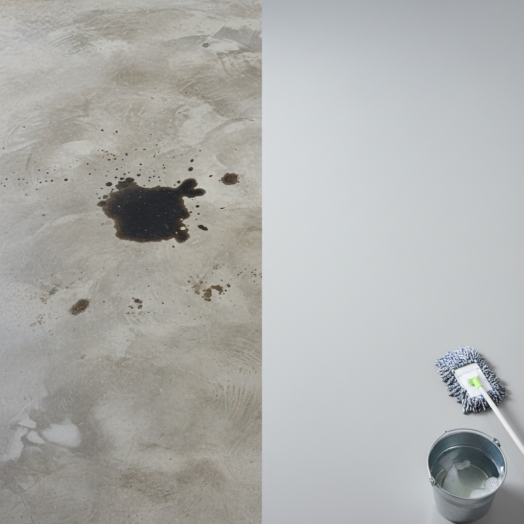 A professional studio photo showing a split-screen or 'before and after' view of a concrete floor. On one side, the concrete is visibly dirty with various common stains like a dark oil spill, patches of grime, and dust, looking dull and neglected. On the other side, the same concrete floor appears impeccably clean, bright, and smooth, reflecting a sense of freshness and newness. Subtle cleaning tools like a clean mop or a bucket could be artfully placed nearby on the clean side, hinting at the cleaning process.