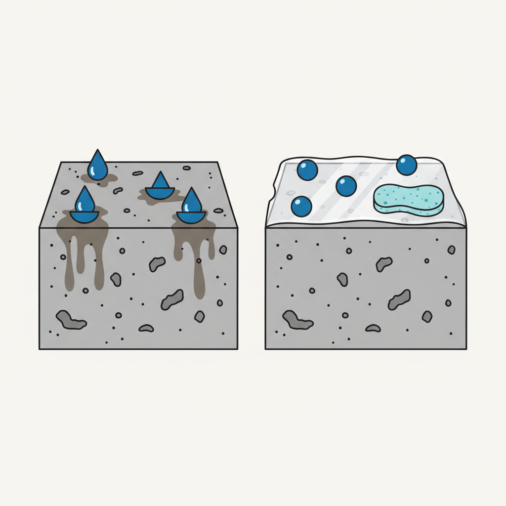 A detailed flat illustration in an infographic style, depicting a cross-section of two distinct concrete floor types side-by-side. On the left, representing 'unsealed concrete,' show a porous concrete slab where liquid droplets (e.g., stylized water or oil) are clearly depicted seeping deep into the material, creating visible, dark stains. On the right, for 'sealed concrete,' illustrate the same concrete slab with a distinct, transparent protective layer on top, and liquid droplets are shown beading up on the surface, not penetrating, easily wiped away by a soft, abstract sponge or cloth.