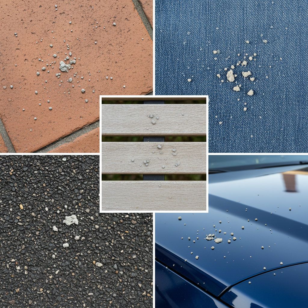 A mosaic-style image showcasing various common surfaces visibly marred by concrete splatters. Include close-ups of a terracotta patio tile, a dark asphalt driveway, a section of a light wooden garden bench, a piece of blue denim fabric, and a glossy car fender. Each segment should clearly display small, dried, light gray concrete residues, contrasting with the clean original material. The overall impression should convey the widespread and unsightly nature of these stains. Professional photo style with sharp focus on textures and natural lighting.