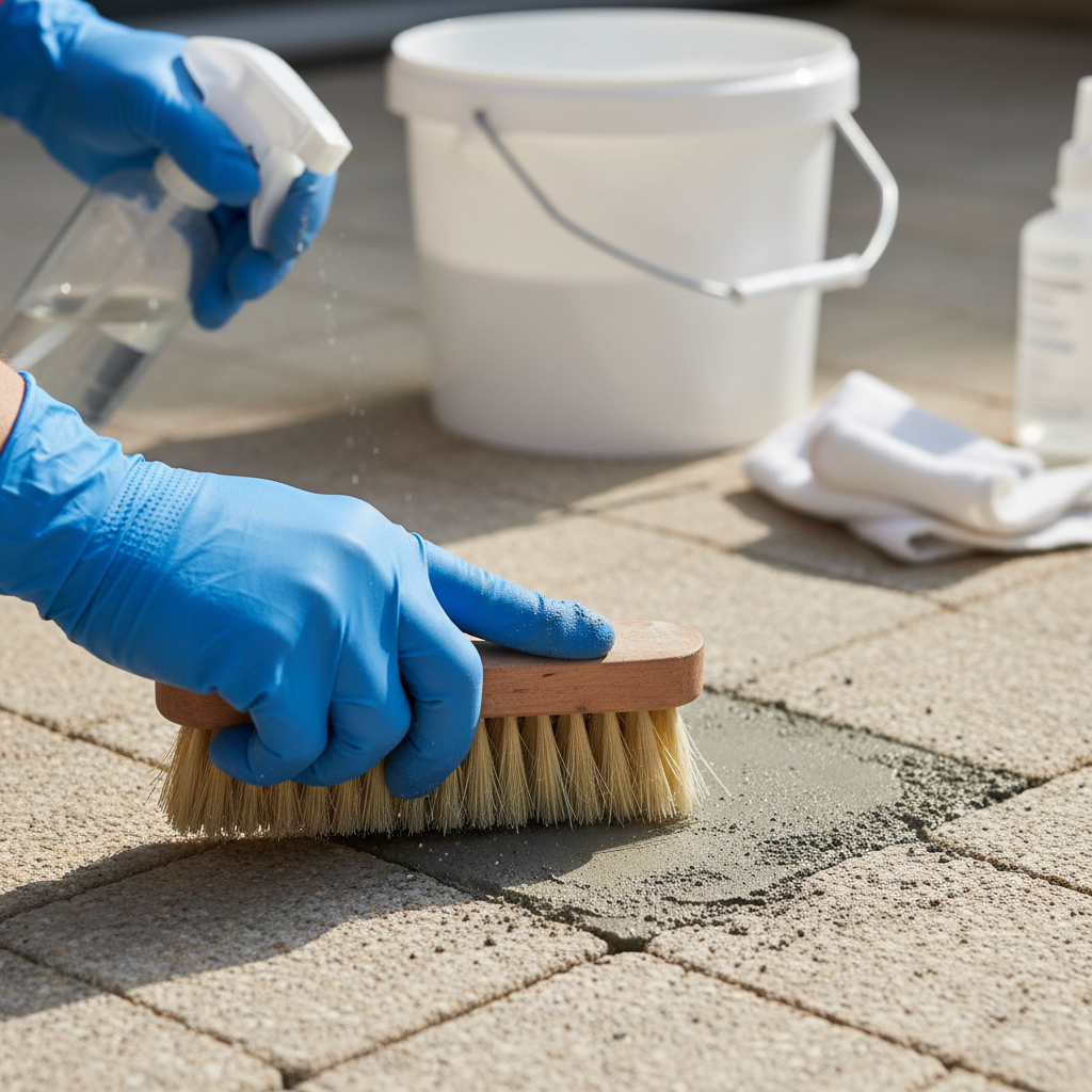 A bright, professional photograph capturing a close-up of a gloved hand actively addressing a concrete stain on an outdoor paving stone. The hand is holding a cleaning tool like a sturdy brush or a plastic scraper, gently working on a visible patch of dried concrete. In the slightly blurred background, relevant cleaning supplies such as a spray bottle, a small bucket, and a clean cloth are neatly arranged, suggesting preparedness. The scene should exude a sense of effective, careful stain removal, highlighting the process of restoration.