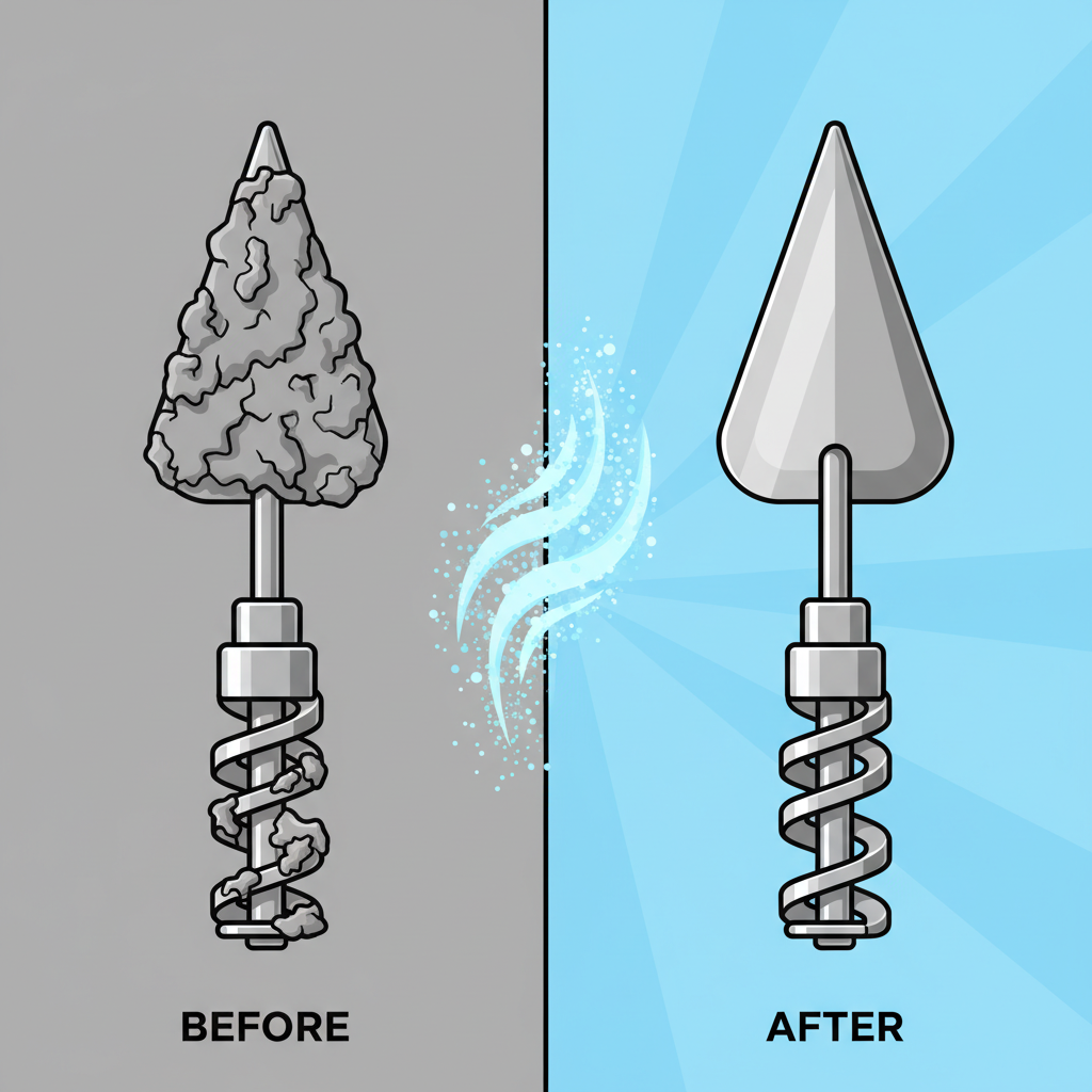 A side-by-side or sequential illustration depicting the transformation of concrete-laden tools. On the left/first panel, show a metal construction trowel and a mixer blade heavily encrusted with dried, grey concrete. On the right/second panel, show the same trowel and mixer blade, now perfectly clean and shining, with a subtle visual effect like disappearing concrete particles or light chemical dissolving action in between the stages. Emphasize the contrast between the dirty, unusable state and the pristine, ready-to-use condition. Use a modern, clean flat illustration style with crisp lines and bright, appealing colors.