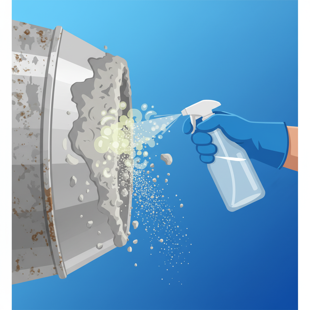 A conceptual illustration demonstrating the chemical process of concrete removal. Show a close-up of a concrete-caked metal surface, such as a mixer drum or a vehicle panel. A gloved hand is applying a clear liquid onto the caked concrete, perhaps with a spray bottle. Where the liquid makes contact, the hardened concrete subtly begins to break down into granular particles, with a gentle fizzing or dissolving effect depicted through stylized bubbles or textural changes. The underlying metal surface should appear undamaged and gradually revealing itself. Use a detailed flat illustration with a focus on vibrant colors and clear visual storytelling.