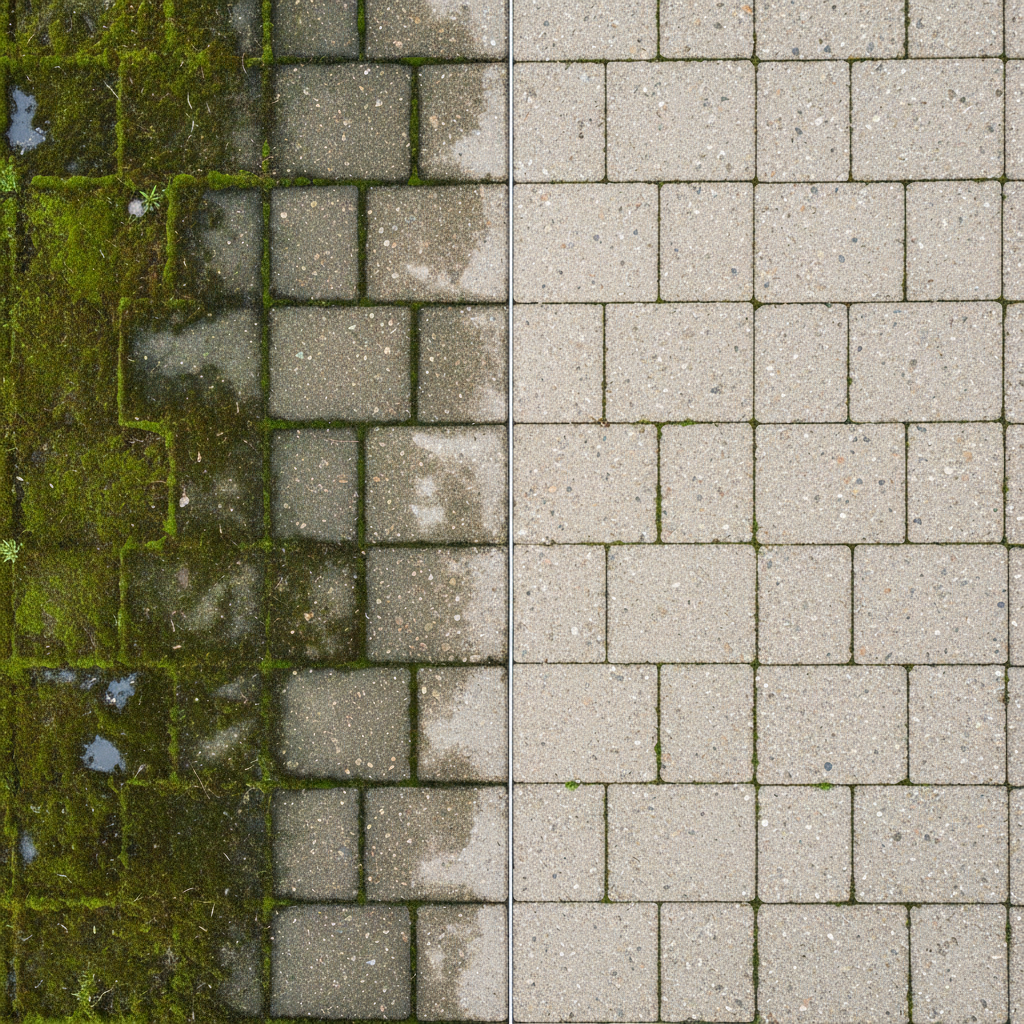 A professional, high-angle photo capturing a stark contrast on a concrete paver patio. One half of the image features dull, grey pavers heavily covered in vibrant green moss, dark algae, and visible dirt streaks, making them appear neglected and slippery. The other half showcases impeccably clean, bright concrete pavers, revealing their original texture and color, sparkling under natural light. A subtle, clear demarcation visually separates the dirty and clean sections, emphasizing the transformative effect of cleaning. The overall scene conveys a sense of renewal and order, highlighting the potential of the pavers.