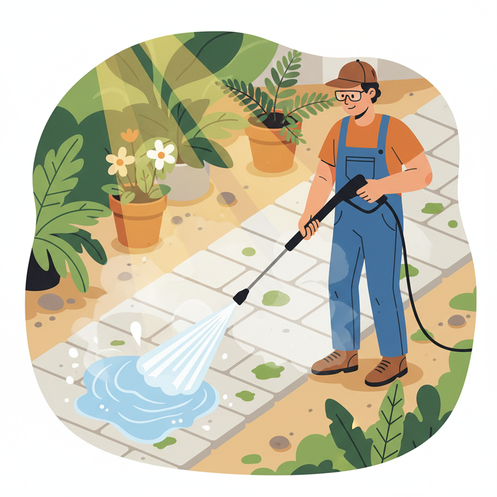 A dynamic, vibrant flat illustration depicting an outdoor scene where a person, seen from a slight distance, is actively cleaning concrete pavers. They are using a pressure washer, with a visible fan of water spray hitting the dirty paver surface. The area already cleaned behind them is noticeably brighter and free of grime, while the uncleaned section ahead shows patches of moss, dark stains, and embedded dirt. The surrounding environment includes hints of green garden plants and sunlight, suggesting a home patio or pathway. The overall mood is energetic and highlights effective cleaning action.
