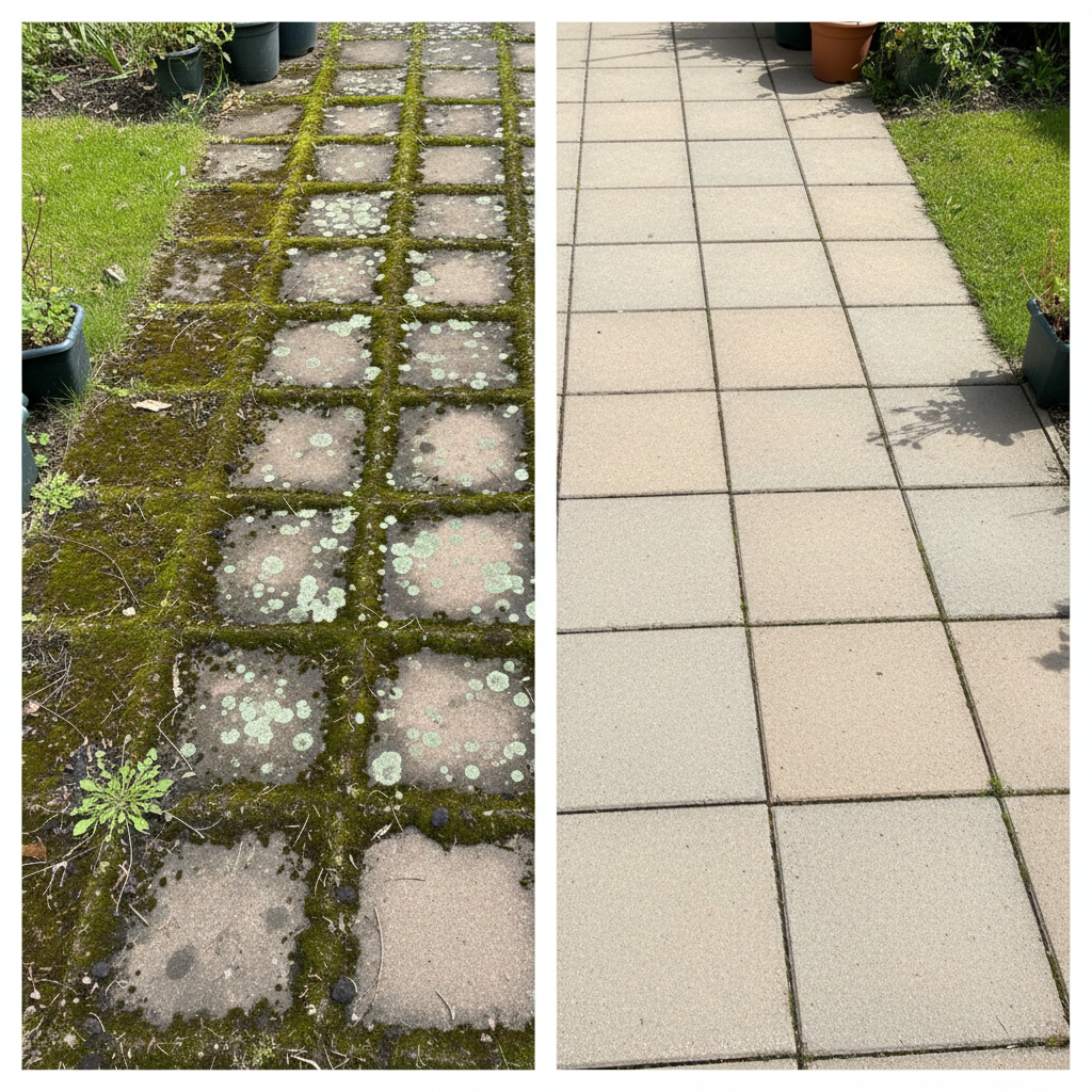 A vibrant professional photo capturing a 'before and after' scene of concrete paving slabs. The left side depicts a section of a patio walkway heavily soiled with dark green moss, visible algae patches, and scattered dirt, appearing neglected and dull. The right side shows the exact same section of the walkway, now impeccably clean, bright, and restored to its original color, with individual slab lines sharp and distinct. The overall impression is one of dramatic transformation and renewed curb appeal, showcasing the benefits of cleaning.