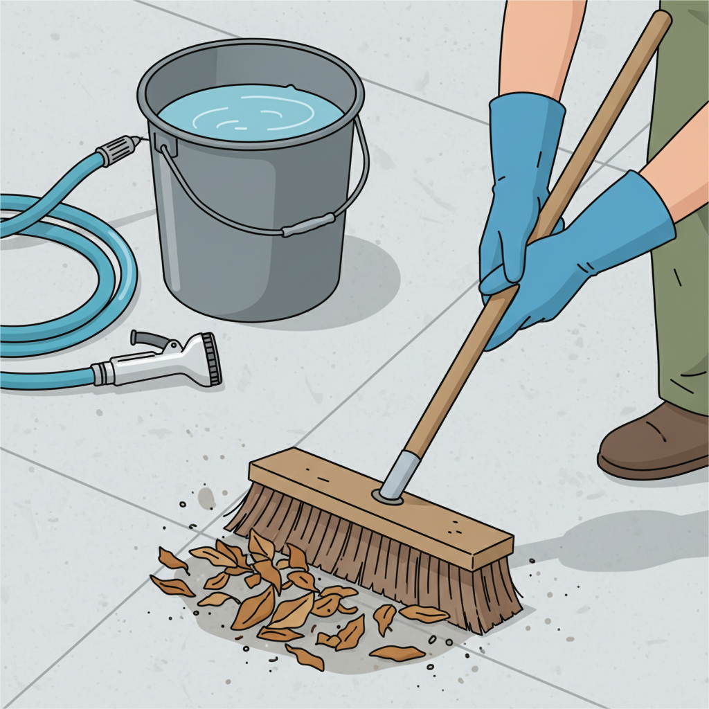 A clean, instructional flat illustration showcasing the initial preparation for cleaning concrete slabs. The scene features a close-up perspective of a person's hands, clearly wearing blue protective gloves, actively sweeping loose leaves and fine dirt from a textured concrete patio surface using a sturdy, bristled broom. In the background, a bucket filled with water and a coiled garden hose with a spray nozzle are neatly arranged beside the slabs, indicating readiness for further steps. The style should be approachable and clear, emphasizing the practical aspects of the task.