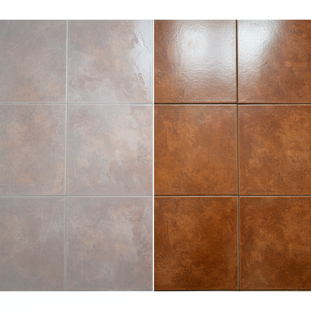 A close-up, split-screen view of a dark terracotta or charcoal grey tile floor. One side of the image clearly shows a portion of the tiles covered by a hazy, milky white film, significantly obscuring their true color and texture. The adjacent side shows the same type of tile, but perfectly clean, shiny, and vibrant, revealing its original rich color and finish. Subtle indications of moisture, like faint water marks or a damp sheen, are present on the 'hazy' side. Realistic professional photograph with sharp focus and good lighting, emphasizing the stark contrast.