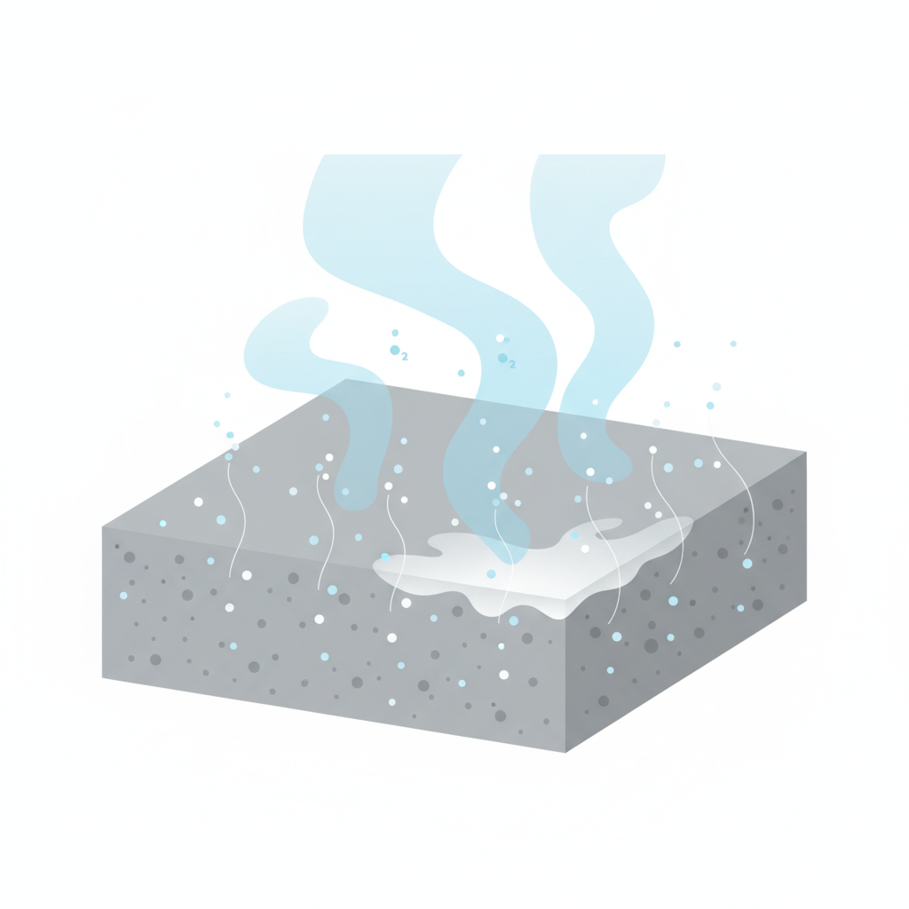 A modern, flat illustration depicting the magnified, stylized formation of concrete haze on a generic building surface, such as a grey concrete slab. The illustration shows small, light-colored particulate elements (representing cement/lime salts) migrating upwards from within the material. Above the surface, subtle, transparent gaseous elements (representing carbon dioxide) are shown gently interacting with these rising particles. This interaction culminates in the visible formation of a thin, slightly opaque, milky white layer directly on the surface. The overall aesthetic is clean and infographic-like, using soft blues, greys, and whites.