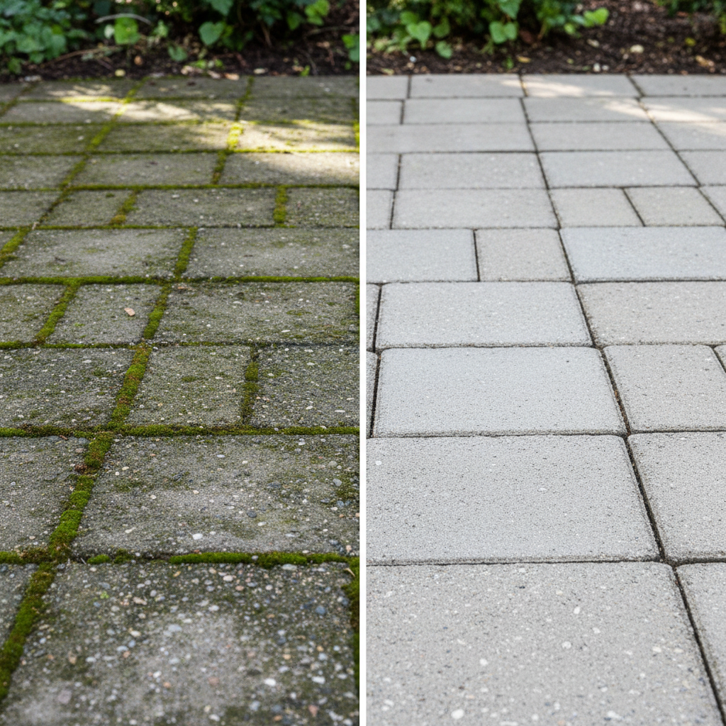 A highly detailed, professional photo capturing a clear 'before and after' comparison of concrete pavers. The 'before' side displays pavers heavily stained with dark green moss, patches of algae, and general dirt, looking dull and neglected. The 'after' side shows the identical pavers perfectly clean, bright, and restored to their original light grey color, with a pristine, slightly damp surface reflecting light. The transition should be seamless, emphasizing the dramatic improvement and revitalized appearance of the outdoor surface.