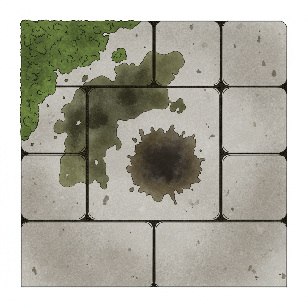 An illustrative diagram or flat illustration focusing on a section of concrete pavers, depicted from a slightly aerial perspective. The pavers show various common types of dirt and damage: distinct patches of vibrant green moss, dark greenish-black algae spreading, a small, dark oil stain, and general grimy discoloration. The overall composition should clearly differentiate these distinct types of surface contamination, visually representing the challenges addressed by cleaning. The style is clean and informative, highlighting the problematic areas without being overly dramatic.