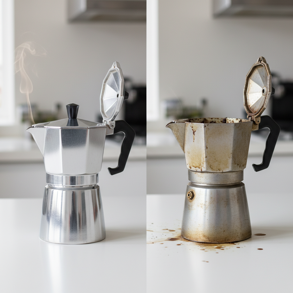 A visually striking split image depicting two classic silver Bialetti Moka Express coffee makers side-by-side on a minimalist kitchen counter. The left side features a gleaming, perfectly clean Bialetti, its polished surface reflecting light, with a delicate wisp of fresh, inviting coffee vapor rising from its spout. This half radiates freshness and quality. The right side shows an identical Bialetti, but neglected: dull, with visible dried, crusty coffee stains around the rim of the filter and inside the upper chamber, conveying staleness and poor maintenance. The overall style is professional photo realism with a clear contrast in cleanliness and appeal.