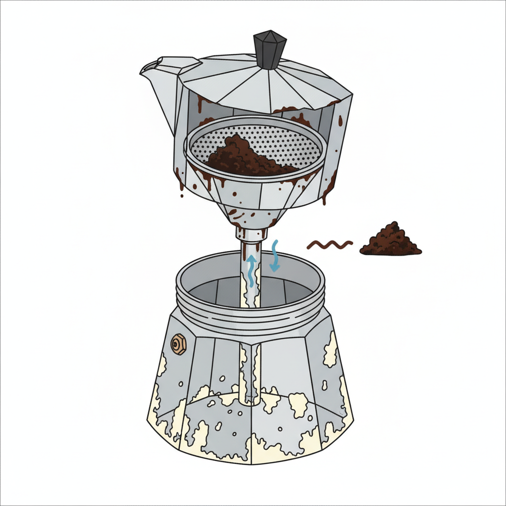 An illustrative cutaway diagram of a classic silver Bialetti Moka Express. The diagram focuses on the internal components, particularly highlighting the effects of neglect. Clearly show dark, granular coffee residues accumulating within the funnel filter and around the edges of the coffee collecting chamber. Additionally, depict rough, white lime scale deposits clinging to the inner walls of the water chamber and within the central percolation tube, visually restricting the flow. The illustration should emphasize the impact on coffee quality, with the affected areas appearing visually compromised. Style should be a clean, modern 3D rendering or a detailed technical illustration with a subtle color palette.