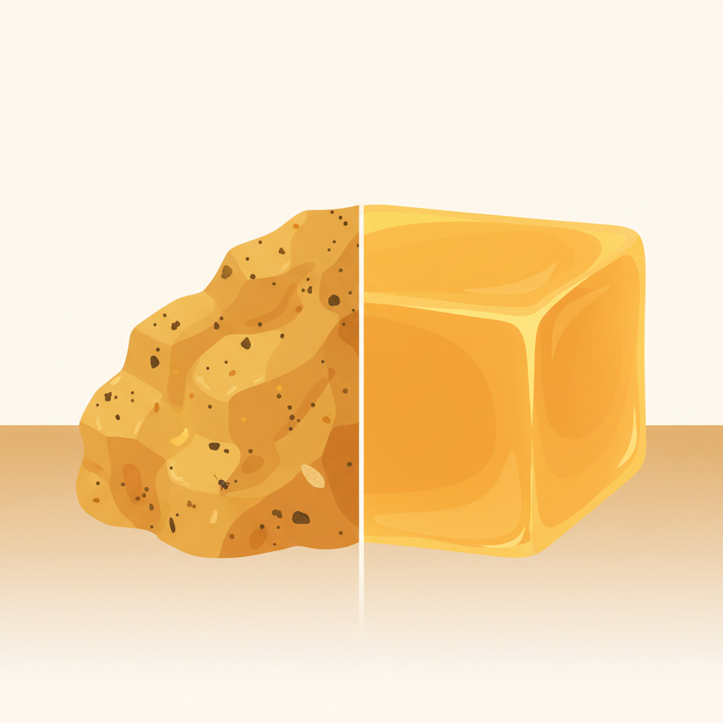 A flat illustration depicting a clear contrast between raw, uncleaned beeswax and purified beeswax. On the left, a rustic chunk of beeswax appears rough, with visible dark specks, pollen, and small natural debris embedded within its yellowish-brown surface, suggesting impurities. On the right, a smooth, glowing golden block of meticulously cleaned beeswax stands pristine and uniform. The background is simple and clean, emphasizing the visual transformation from unrefined to high-quality, ready-for-salves material. The overall style is clean and warm, highlighting the importance of purification.