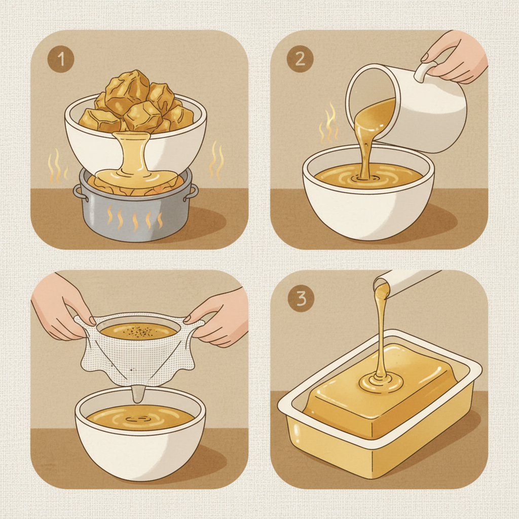 A multi-panel or sequential infographic-style illustration demonstrating the beeswax cleaning process. The first panel shows raw beeswax chunks in a heat-resistant bowl over a gentle heat source, starting to melt. The second panel illustrates the melted, murky beeswax being carefully poured through a fine-mesh filter or cheesecloth, capturing visible impurities. The third panel shows clear, golden liquid beeswax dripping into a clean mold, solidifying into a pure, smooth block. The style is soft and natural, using warm, earthy tones, focusing on the careful steps involved in transforming raw material into a refined product for salves.