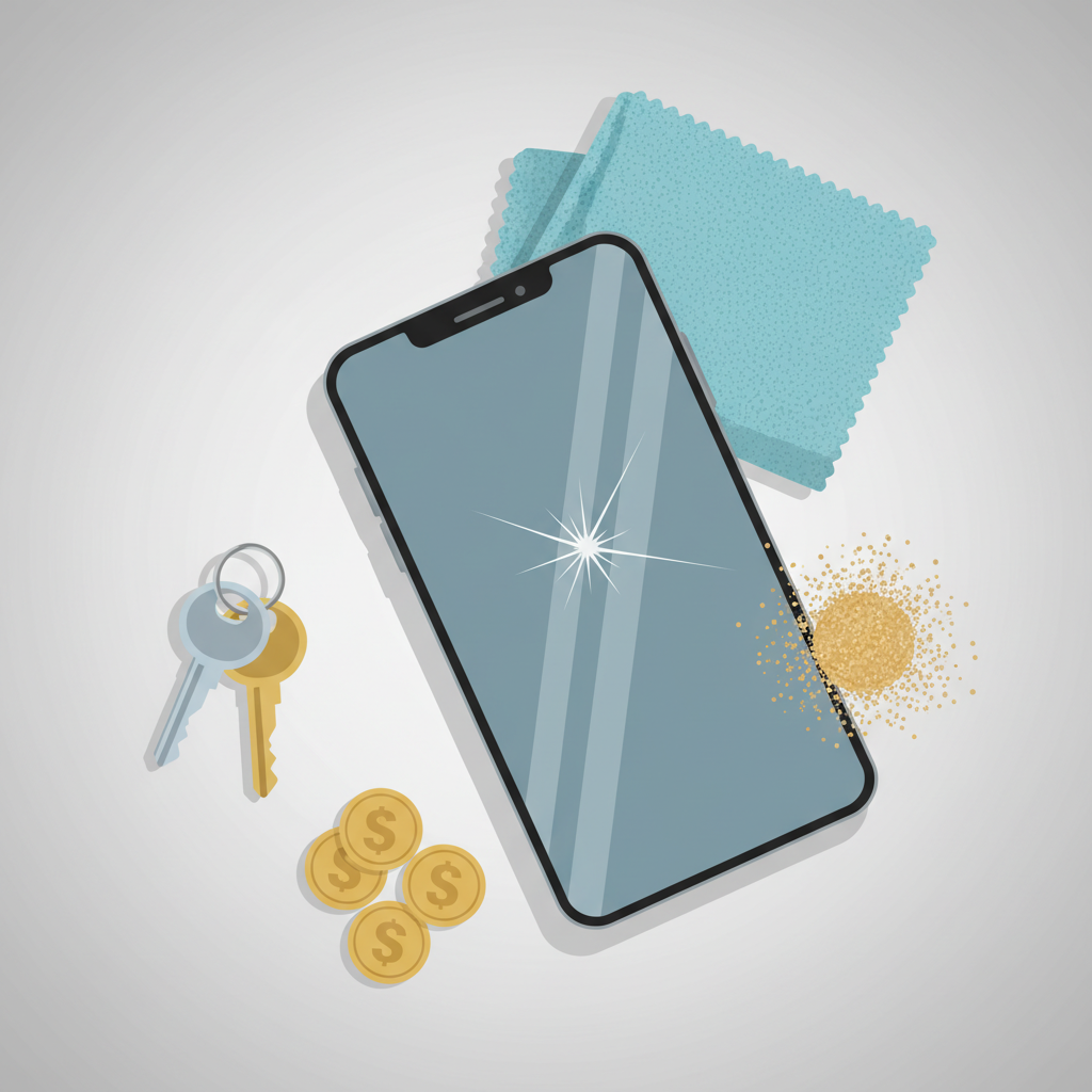 A modern smartphone screen shown in a slightly tilted, close-up perspective. A clear, distinct scratch runs across the surface. Around the phone, various common items that cause scratches are artfully arranged: a cluster of car keys, a few loose coins, a scattering of fine sand particles, and a slightly coarse-looking cleaning cloth. The scene should be depicted in a clean, crisp flat illustration style with soft shadows, highlighting the phone and the scratch culprits without being cluttered. The focus is on the causes of screen damage.