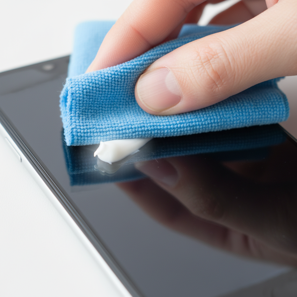 A close-up, macro shot of a hand in the process of polishing a smartphone screen. A small dab of white, non-gel toothpaste is visible on a soft microfiber cloth, which is being gently rubbed over a fine scratch on the screen. The screen should subtly convey the idea of improvement, perhaps with a slight shimmer where polished. The lighting is bright and clean, emphasizing the careful, precise motion. Professional photo style, highlighting the texture of the cloth and the screen surface.