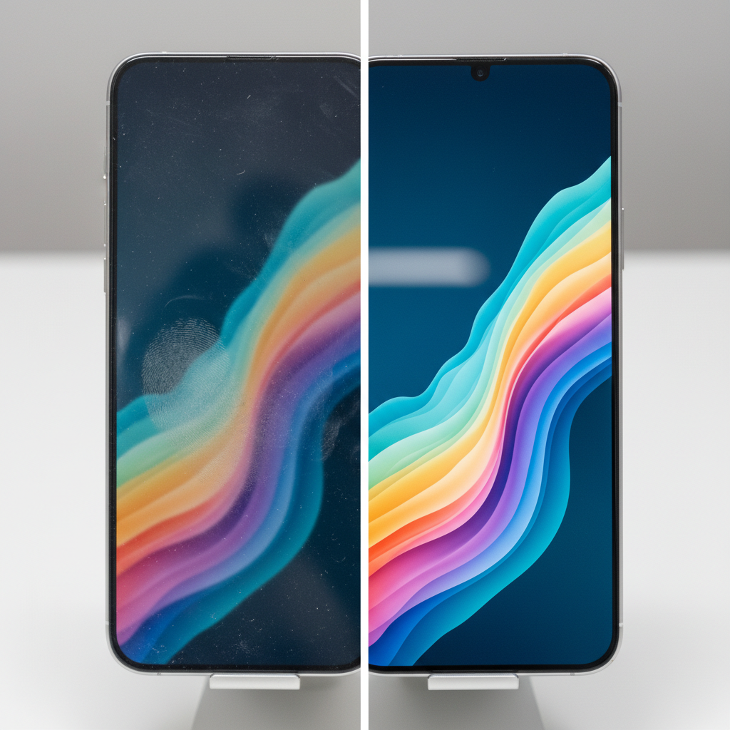 A professional, high-angle split-screen photo of a modern, sleek laptop or smartphone display. On the left side, the screen is visibly covered in blurry fingerprints, dust particles, and smudges, dulling the vibrant colors beneath. On the right side, the exact same screen is impeccably clean, sparkling and clear, with colors appearing sharp and vivid, reflecting a subtle, clean light. The contrast should clearly illustrate the immediate visual improvement and importance of screen hygiene. The background is minimalist and clean, highlighting the screens.