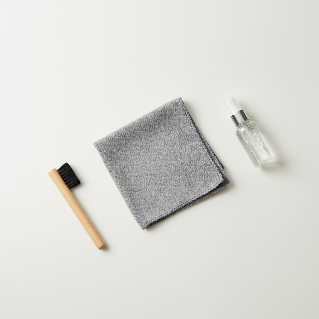 A clean, professional product photography arrangement on a light, minimalist surface, showcasing the essential tools for safe screen cleaning. Featured items include a folded, soft microfiber cloth, a small, clear spray bottle containing a mild, screen-safe cleaning solution (water-based appearance), and a soft-bristled brush suitable for electronic devices. Each item is positioned neatly and clearly visible, emphasizing their purpose and readiness for use. The overall impression is one of meticulousness and care, highlighting the correct equipment.
