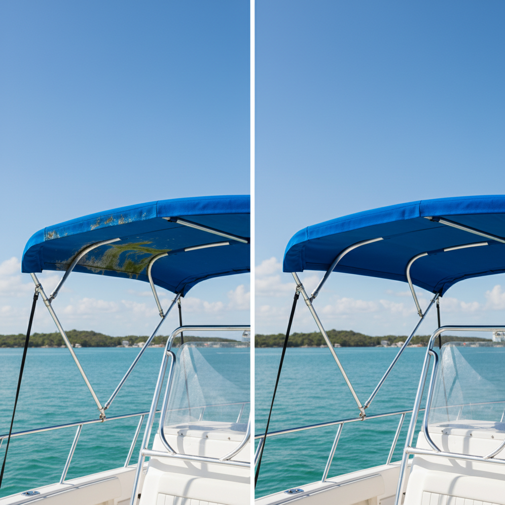 A professional lifestyle photograph depicting a vivid 'before and after' comparison of a boat's Bimini top. On one side, the Bimini top appears dull, stained with visible grime, mold spots, and noticeable fading from sun exposure. On the other side, the same Bimini top is strikingly clean, bright, and restored to its original vibrant color, looking brand new and reflecting sunlight beautifully. The boat itself should look well-maintained in both scenarios, with the focus solely on the Bimini top's transformation. The scene should be bright and airy, perhaps set against a calm body of water under clear skies.