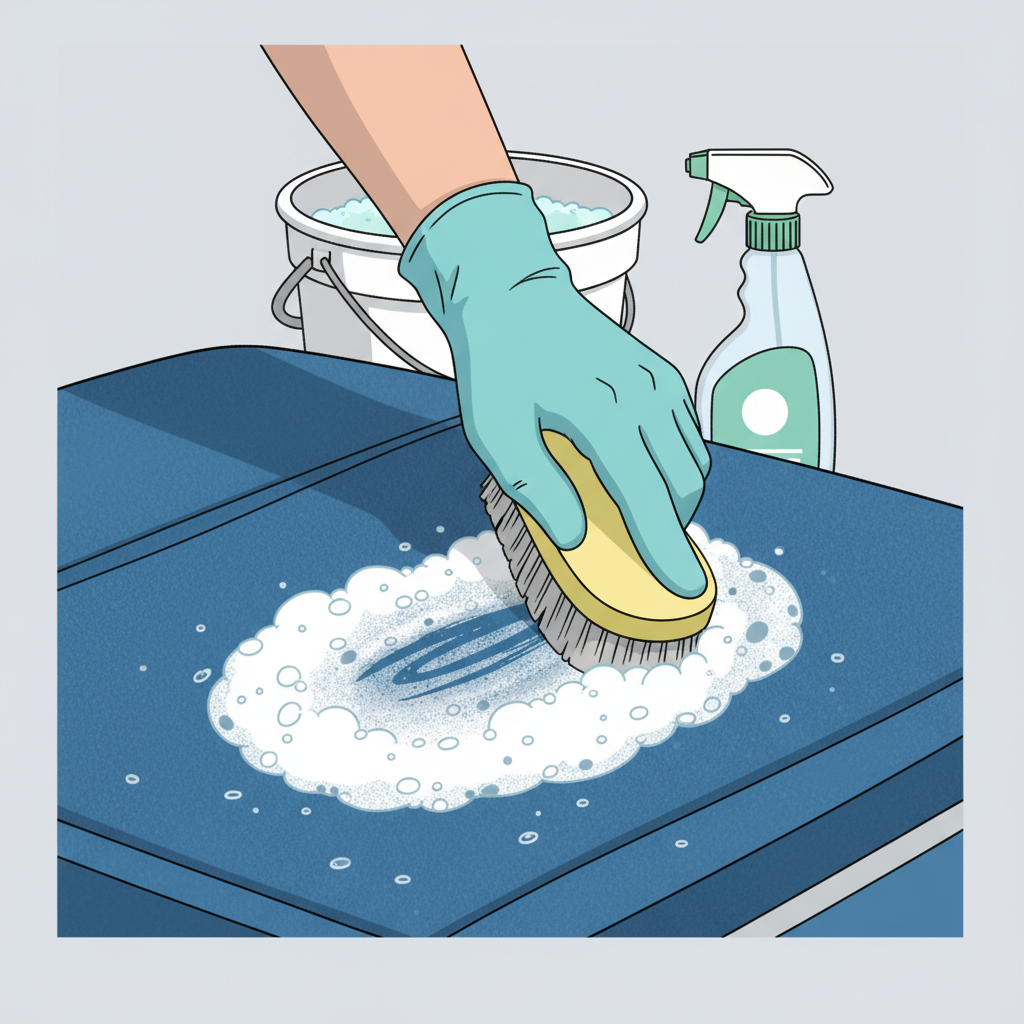 A close-up, highly detailed illustration in a modern, clean infographic style, showcasing a practical step of Bimini top cleaning. The image features a pair of hands (clean, possibly gloved) gently scrubbing a section of a Bimini top with a soft-bristled brush, creating a light, consistent foam. The texture of the fabric should be clearly visible, with the scrubbed area appearing distinctly cleaner than the surrounding dirty sections. In the background, slightly out of focus, a bucket of soapy water and a spray bottle containing a cleaning solution are subtly included, indicating the tools involved. The color palette should be fresh and inviting.