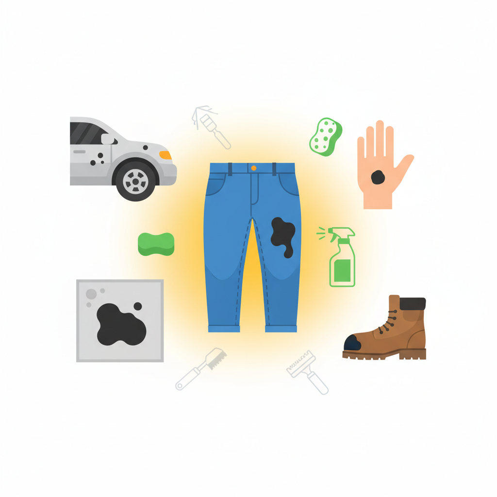 A vibrant, clean flat illustration with a slightly infographic feel. The central focus is a variety of common items affected by sticky, black bitumen stains. Prominently featured is a pair of blue jeans with a noticeable tar-like smudge. Around it, smaller, distinct representations of other surfaces: a gleaming silver car fender with tiny black splatters, a light grey patio tile with a dark mark, and a small, generic hand with a dot of bitumen. Subtle, abstract cleaning tool icons (like a generic sponge or spray bottle outline) are faintly depicted near the stained items, symbolizing the removal process. The overall mood should be positive and solution-oriented, highlighting the problem without being messy.