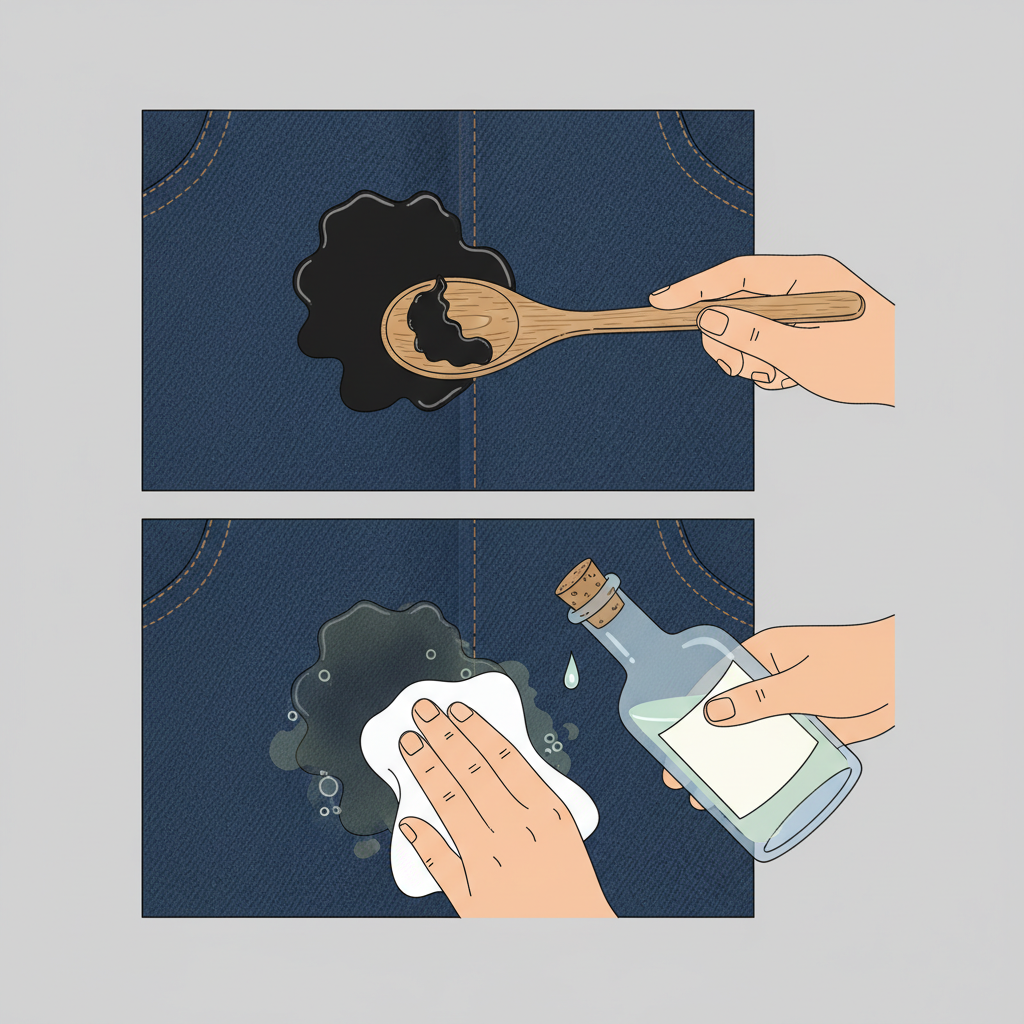 A detailed, clean infographic-style illustration demonstrating the sequential removal of a bitumen stain from a piece of fabric. The scene is divided into two distinct vertical panels. The top panel shows a close-up of a dark fabric (e.g., denim) with a prominent, fresh black bitumen stain. A hand is gently scraping off excess bitumen using a non-damaging tool like a dull spoon or spatula. The bottom panel depicts the same fabric, now with the stain being treated. A small, generic container of butter or a bottle of clear liquid (symbolizing alcohol) is shown, with a hand dabbing the substance onto the remaining stain using a clean cloth. The stain appears visibly reduced and dissolving, emphasizing the effectiveness of the method.