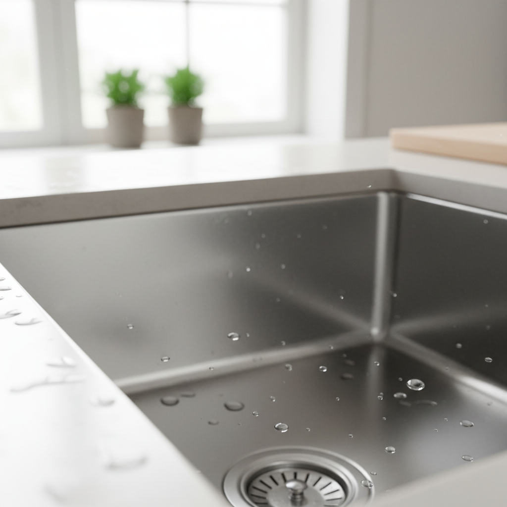 A professional photo capturing a close-up of a gleaming, perfectly clean Blanco stainless steel kitchen sink. The surface should reflect ambient light, showcasing its polished, streak-free appearance with subtle highlights. A few fresh water droplets cling to the surface, enhancing the sense of freshness and cleanliness. The scene conveys a sense of pristine hygiene and effortless shine, without any visible dirt, stains, or limescale. The background should be softly blurred, keeping the focus entirely on the immaculate sink surface. Bright and inviting lighting.