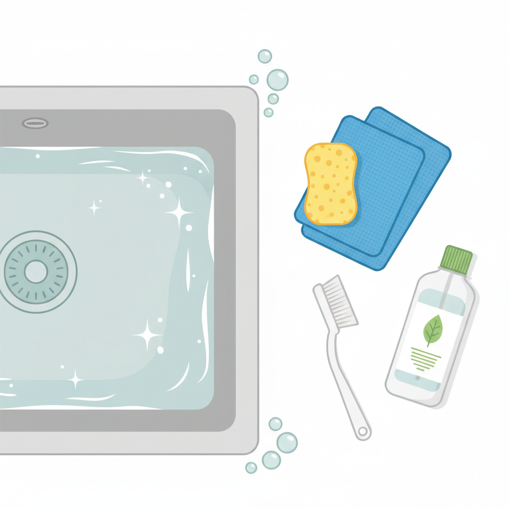 A vibrant, flat illustration depicting an overhead view of a kitchen counter with a partially visible, clean Blanco sink made of a light composite material. Arranged neatly beside the sink are essential cleaning tools: a soft sponge, a microfiber cloth, a gentle brush, and a generic bottle of cleaning solution. The arrangement should subtly convey the ease and effectiveness of regular maintenance. The overall color palette is clean and bright, emphasizing hygiene and care. The style is modern and inviting, perfect for a helpful guide.