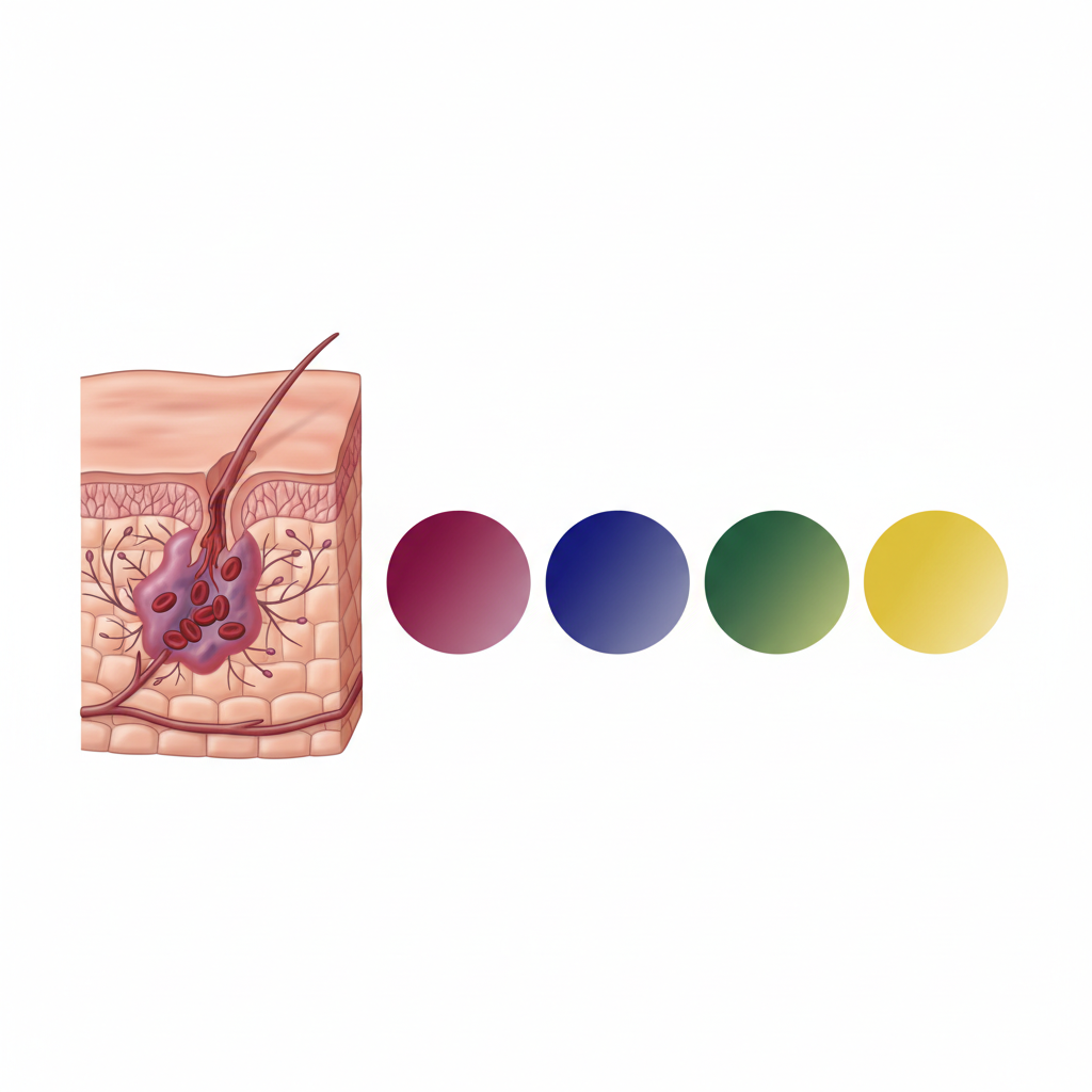 A detailed scientific illustration showcasing the formation and color progression of a bruise. The image features a cross-section of human skin, clearly depicting blood vessels, connective tissue, and epidermis. One section illustrates a tiny broken blood vessel with red blood cells leaking into the surrounding tissue beneath the skin. Adjacent to this, a sequence of four small, circular representations depicts the typical bruise color evolution: initial reddish-purple, transitioning to dark blue/violet, then green, and finally yellow. The style is clear, precise, and informative, using realistic yet slightly stylized anatomical details and vibrant, distinct color shifts.
