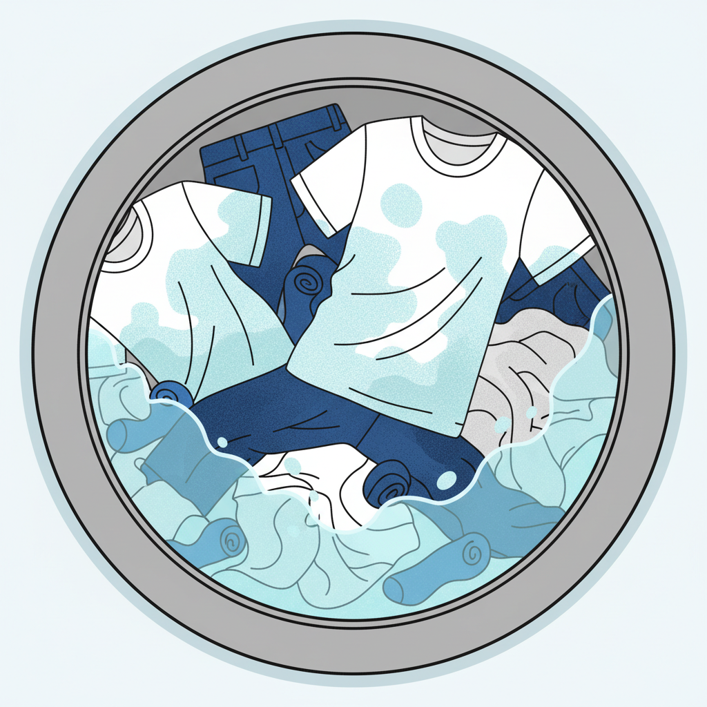 A visually striking flat illustration depicting a washing machine drum filled with a mix of clothing. Prominently featured are dark blue jeans or socks intertwined with bright white t-shirts or light fabrics. Subtle blue streaks and blotches are visibly bleeding from the dark garments onto the white ones, symbolizing dye transfer. The water inside the drum should appear slightly tinted blue, creating a dynamic sense of the washing process. The illustration style should be modern and clean, with a slightly distressed texture on the stained areas to emphasize the problem.