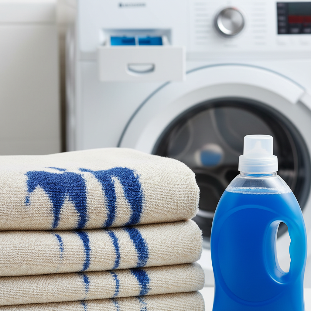 A detailed, professional studio photograph of a neatly folded stack of light-colored laundry, perhaps white t-shirts or towels. On the top item, several distinct, dark blue streaks or circular spots are clearly visible, representing detergent residue. Adjacent to the laundry stack, slightly out of focus in the background, stands a modern washing machine and a partially visible bottle of liquid laundry detergent, hinting at the cause. The lighting should be bright and clean, emphasizing the contrast between the pristine fabric and the unwelcome blue stains.