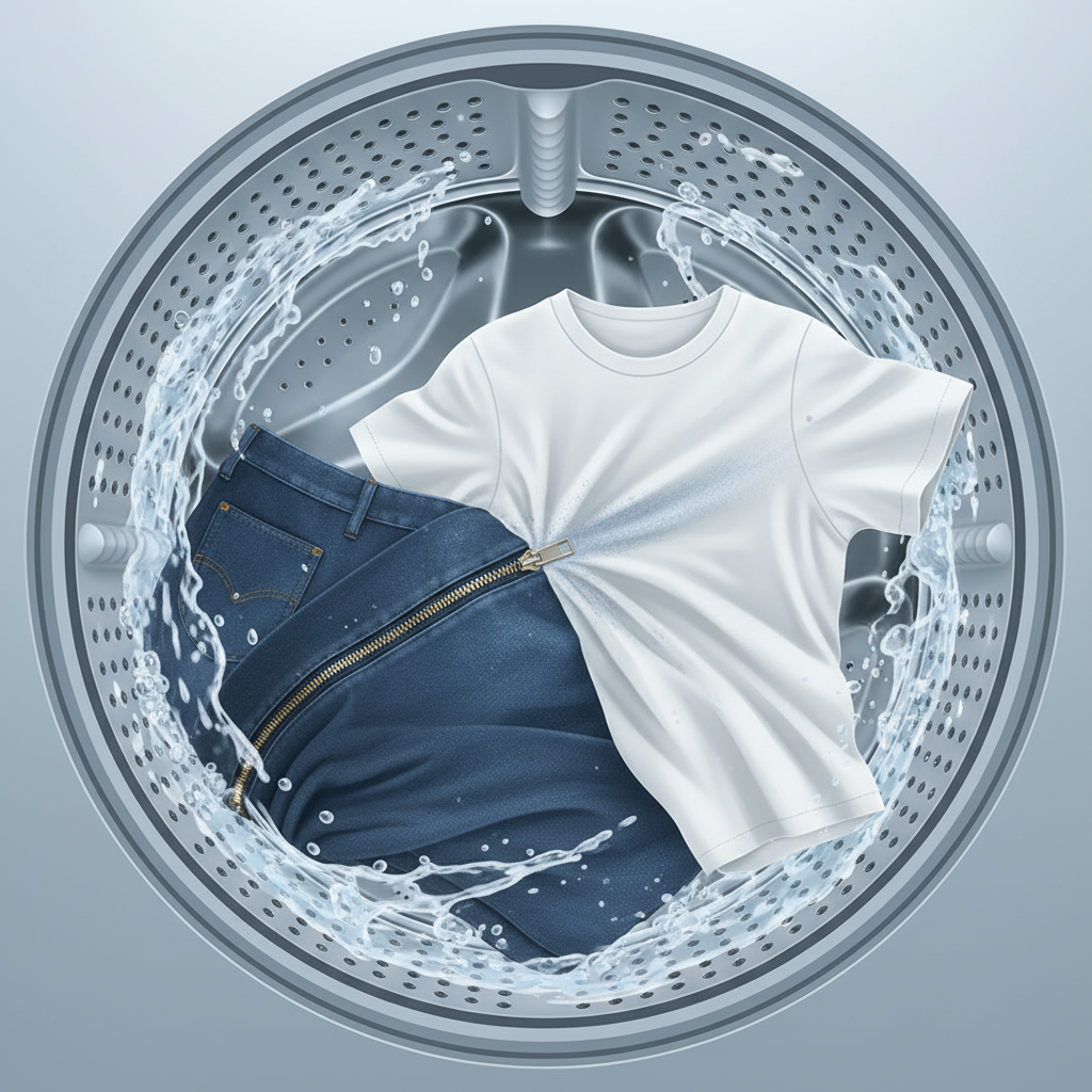 A detailed, cutaway view inside a modern washing machine drum. Various pieces of laundry, including dark jeans and a light-colored shirt, are tumbling in motion. Emphasize the mechanical stress: a metallic zipper from the jeans is shown in close proximity, subtly abrading the surface of the light shirt, hinting at microscopic fiber damage or slight dye transfer. Soft blue streaks or faint discoloration are subtly visible where friction occurs. The background should be clean, highlighting the clothes and their interaction. Professional, realistic digital illustration with a clean aesthetic.