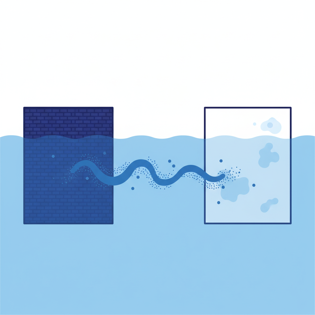 A clear, infographic-style illustration depicting dye migration. On one side, a dark blue fabric swatch is shown immersed in clear water. From the dark fabric, a stream of blue pigment-like particles or abstract color trails is visibly moving through the water towards a lighter, white fabric swatch on the other side. The white fabric subtly shows faint blue discolorations or 'spots' forming as the dye reaches it. The water should look slightly tinted blue. The overall composition should be clean and easily understandable, using a minimal color palette to emphasize the process. Flat illustration style with clean lines and a clear visual flow.