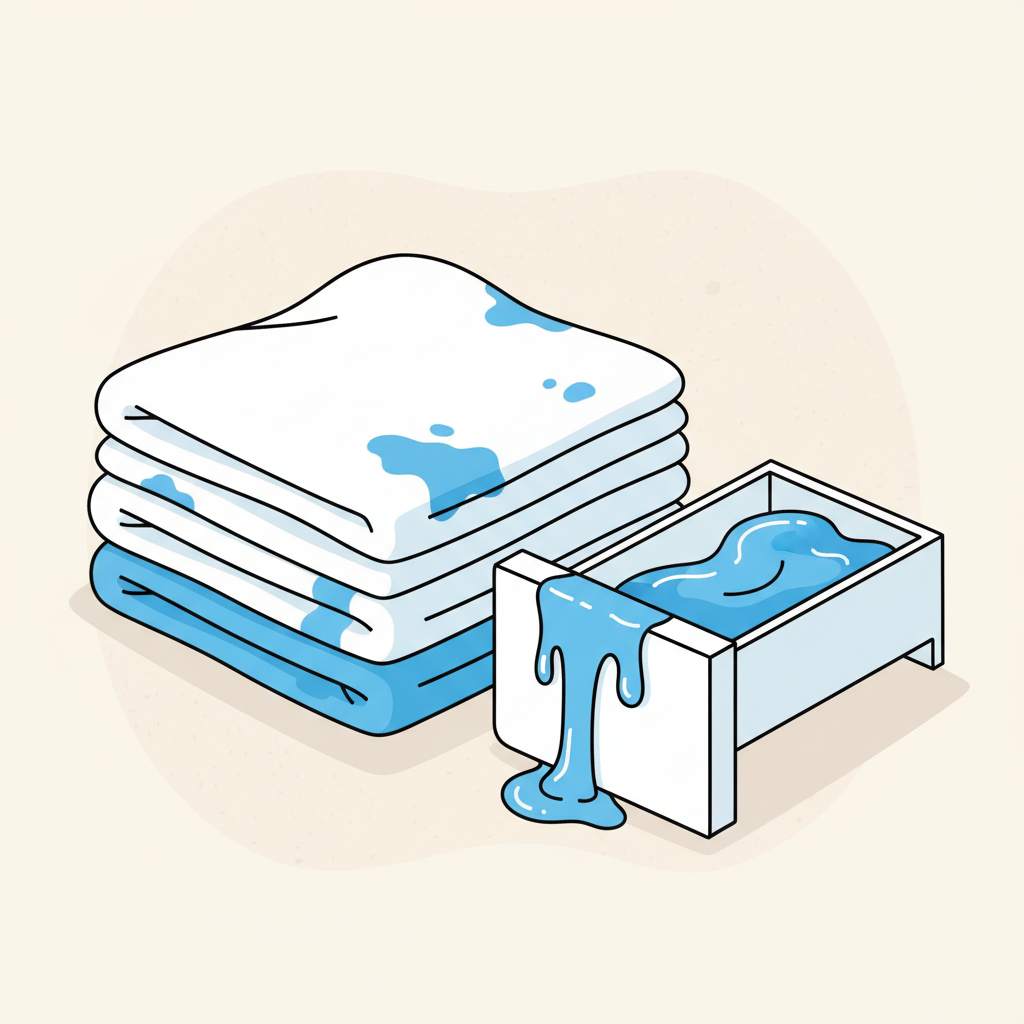 A detailed flat illustration showing a pile of neatly folded white laundry, but with noticeable blue streaks and small spots on some pieces. Adjacent to the laundry, a washing machine's open detergent dispenser is visible, slightly overflowing with a concentrated blue liquid, emphasizing an overfilled state. The overall impression should be clean and slightly stylized, conveying the common problem of detergent residue. The background is light and uncluttered, suitable for a blog post.