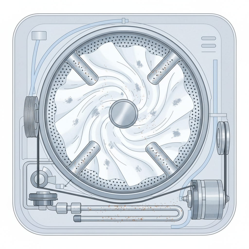 A cross-section diagrammatic illustration of a washing machine drum and inner workings. The illustration highlights the interior of the drum, with some white fabric inside showing faint blueish-grey spots. Key internal metallic components like the heating element or drum baffles are subtly shown with signs of slight corrosion or wear, depicted as tiny, almost invisible reddish-brown particles detaching. The style is clean, informative, and visually demonstrates the subtle transfer of metallic residue onto laundry.