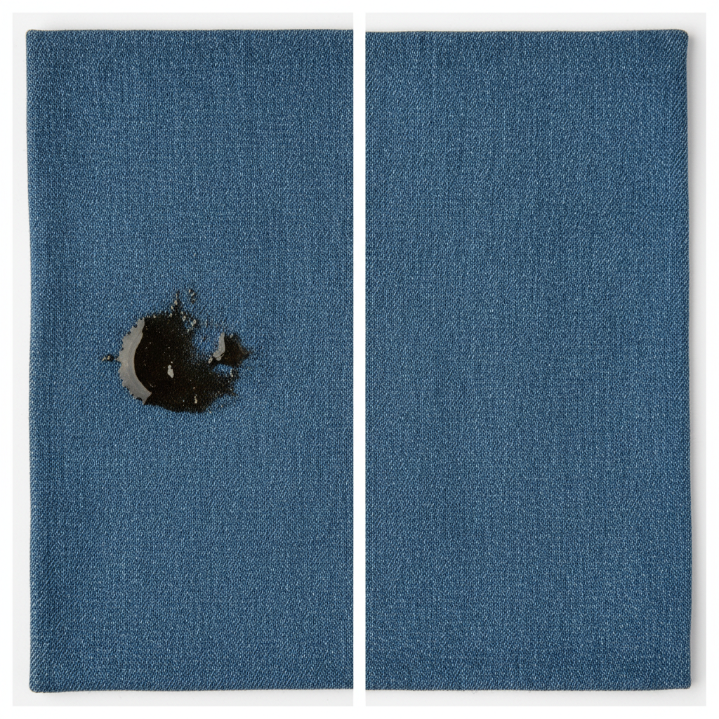A close-up visual in a split-screen or 'before & after' format, showcasing a section of blue denim fabric. On the 'before' side, a distinct, common stain like a grease mark or a mud splatter is visible on the denim. On the 'after' side, the identical denim section appears perfectly clean and pristine, with no trace of the previous stain. The image should highlight the rich texture of the blue denim and the clear contrast between the soiled and unblemished fabric. The lighting should be bright and even, emphasizing cleanliness and successful stain removal. Style: high-quality product photography with a clean, minimalist aesthetic, suitable for demonstrating a practical transformation.