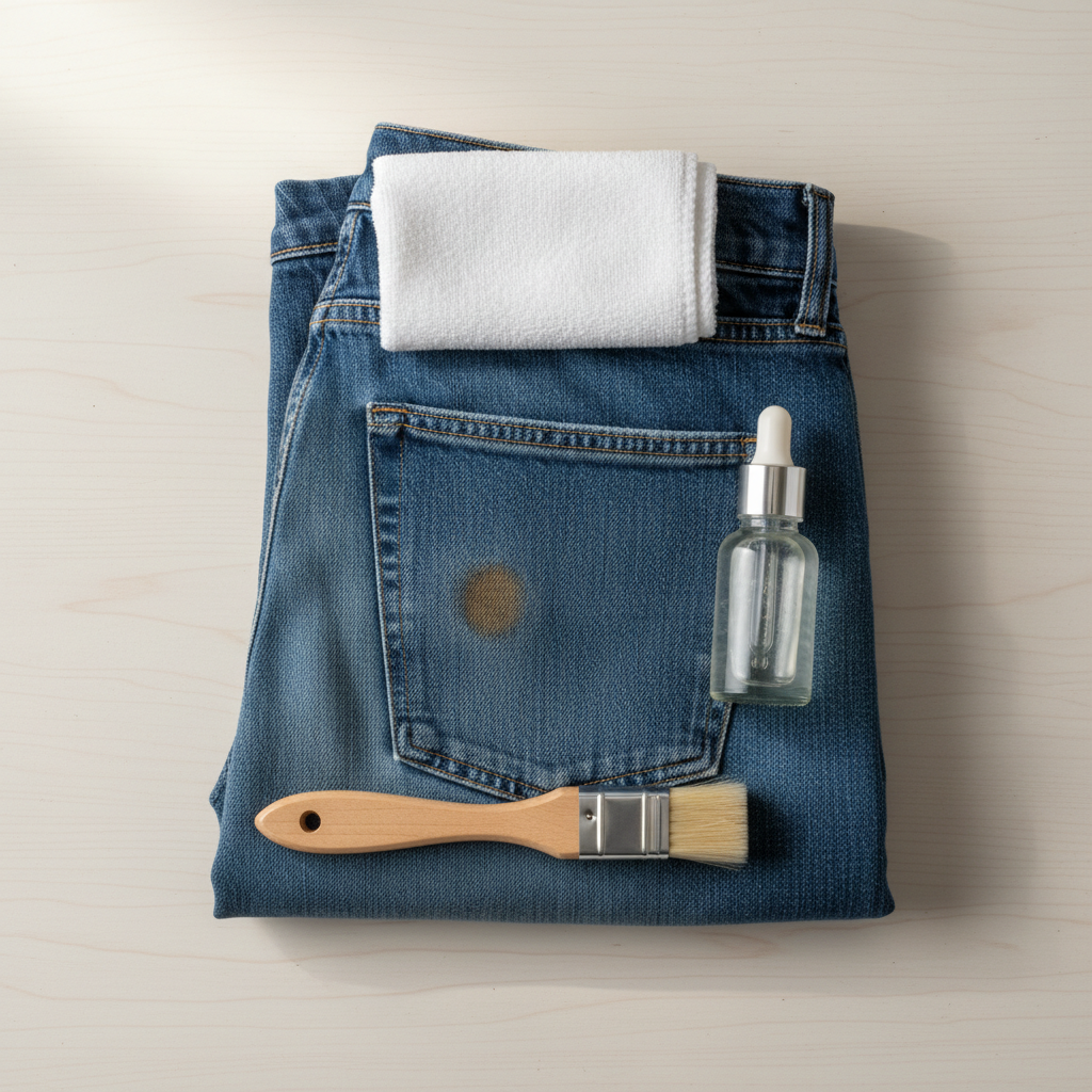An overhead flat lay photo depicting the initial steps of stain removal on blue jeans. A folded section of blue denim lies on a clean, light surface, displaying a small, generic stain on one area. Arranged around the denim are simple, unbranded tools representing cleaning essentials: a soft white micro-fiber cloth, a small, clear dropper bottle (without any visible labels), and a gentle brush. The overall scene should convey a methodical and careful approach to fabric treatment. The lighting should be soft and natural, creating a professional and calming atmosphere, suitable for illustrating a step-by-step guide.