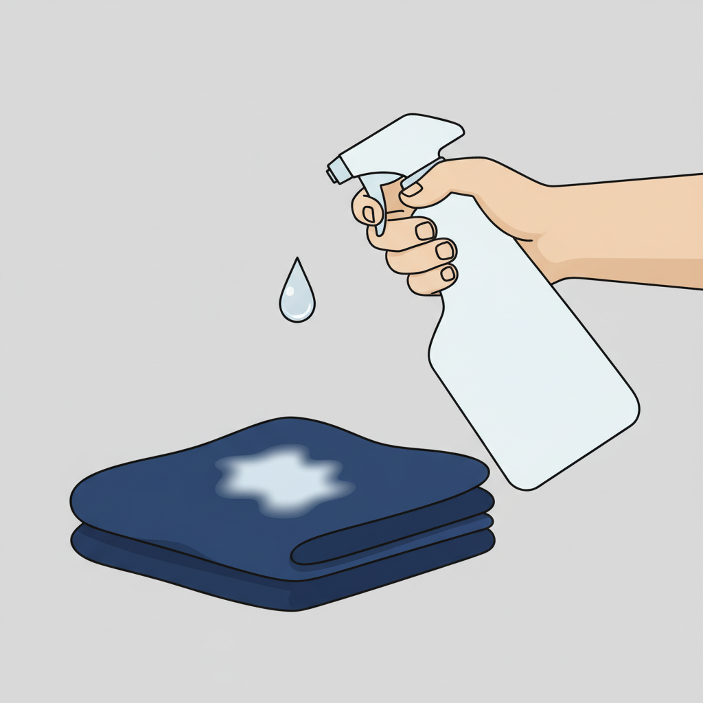 A close-up, flat illustration depicting a common household accident. A generic hand holds a cleaning spray bottle, from which a small drop of liquid is seen mid-air, about to land on a folded piece of dark blue fabric. Where the drop has already touched, a stark, lighter bleach spot is visibly forming, contrasting sharply with the fabric's original color. The scene highlights the unexpected and immediate impact of household chemicals on clothing, without any identifying text or labels on the bottle.