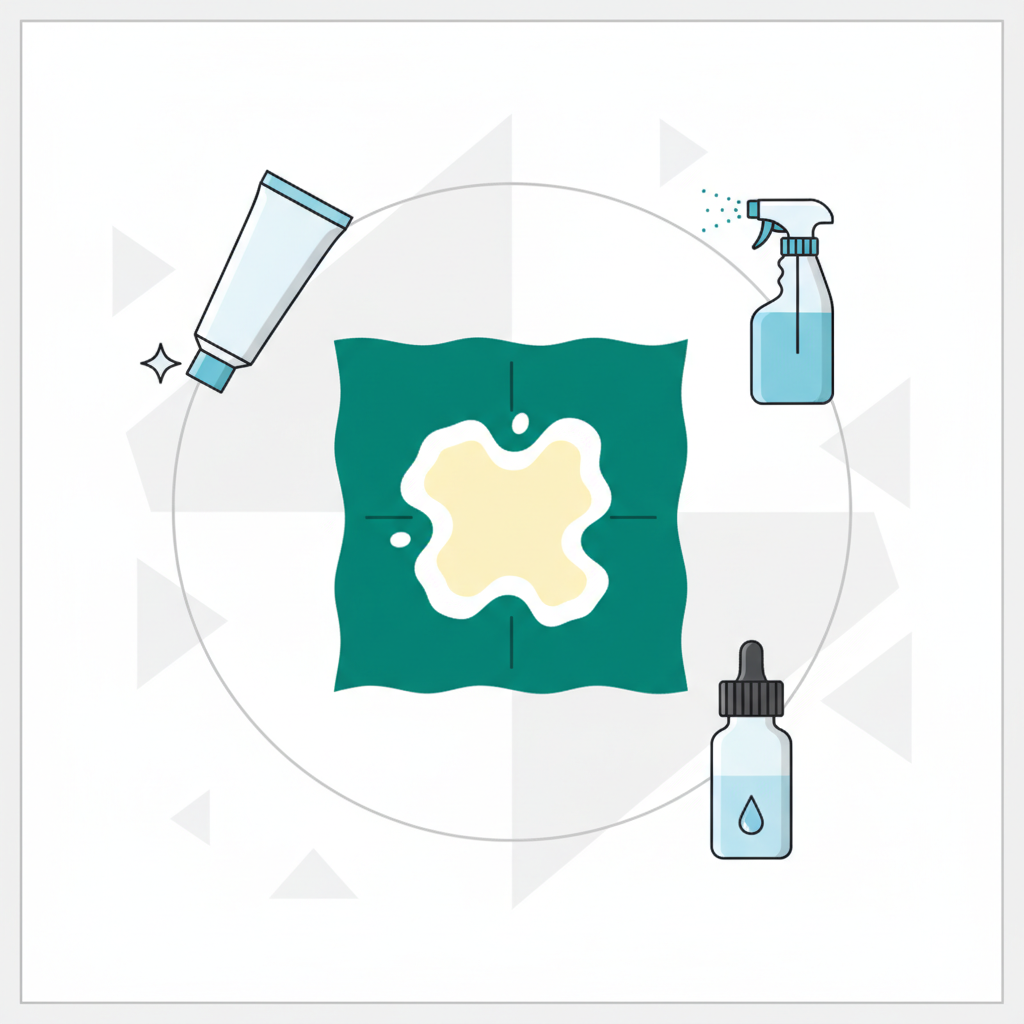 A stylized infographic illustration showcasing the diverse sources of bleach stains. At the center, a vividly colored piece of fabric (e.g., deep red or emerald green) lies flat, prominently featuring a harsh, light-colored bleach spot. Arranged around this stained fabric are minimalist, generic icons representing common culprits: a simple white toothpaste tube, a cleaning spray bottle (no label), and a small dropper bottle. The composition emphasizes the widespread presence of bleaching agents in everyday life, solely through visual elements.