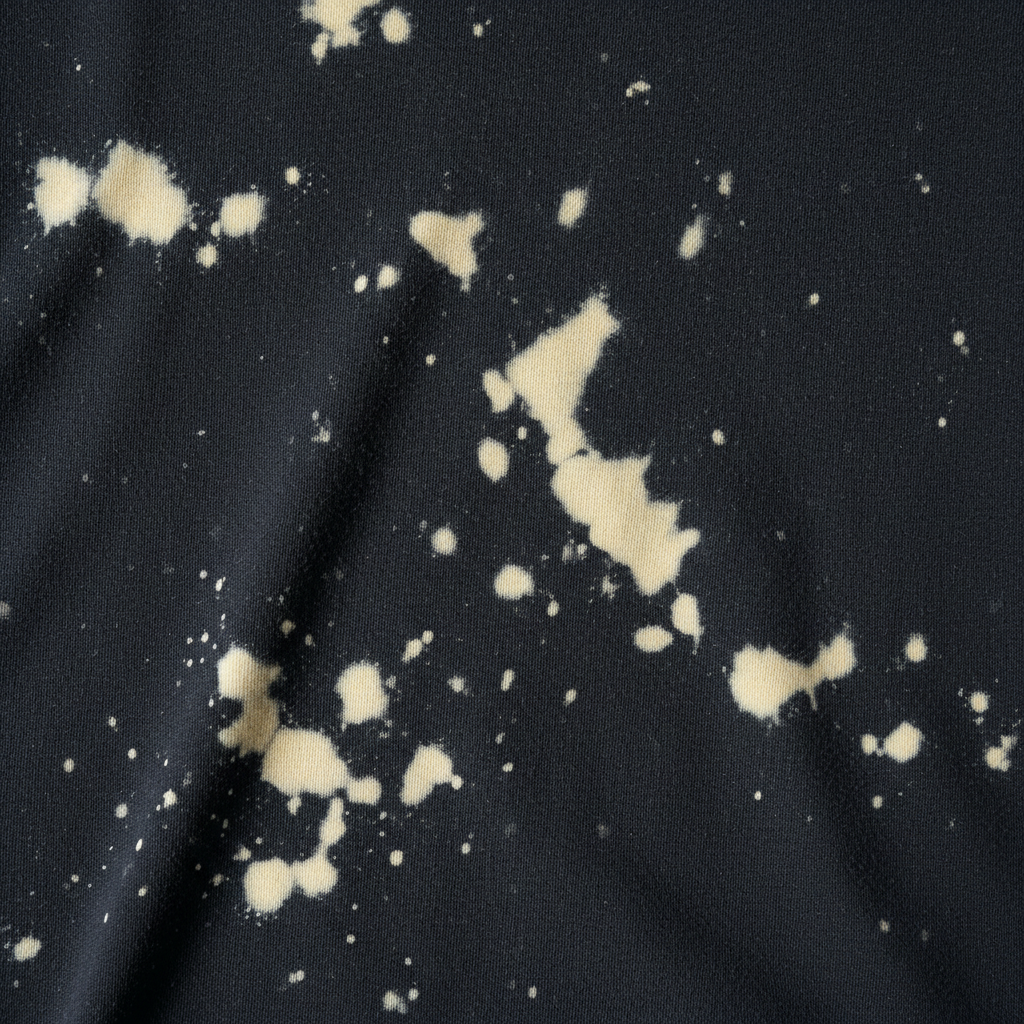 A close-up, high-quality photograph of a dark blue or black t-shirt, prominently displaying several stark white or very light yellow bleach spots. The spots vary in size and shape, clearly illustrating the damage caused. The fabric texture should be visible, slightly creased or crumpled, suggesting it has been through a wash cycle. The lighting should highlight the contrast between the original fabric color and the discolored areas, making the bleach stains unmistakable. Professional photo style, emphasizing the visual impact of the damage.