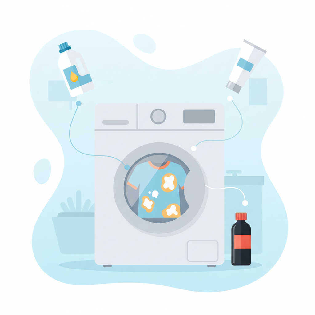 A clean, modern flat illustration depicting various common causes of bleach stains on clothing. In the center, a stylized washing machine drum contains a brightly colored garment with faint white spots. Around it, various elements are subtly arranged: a bottle of laundry bleach with a droplet hovering over the drum, a tube of skin care cream, and a hair dye bottle, all subtly linked to the stained garment with soft, ethereal lines, symbolizing accidental transfer. The background is simple and uncluttered, emphasizing the different sources. Infographic style, bright and clean colors.