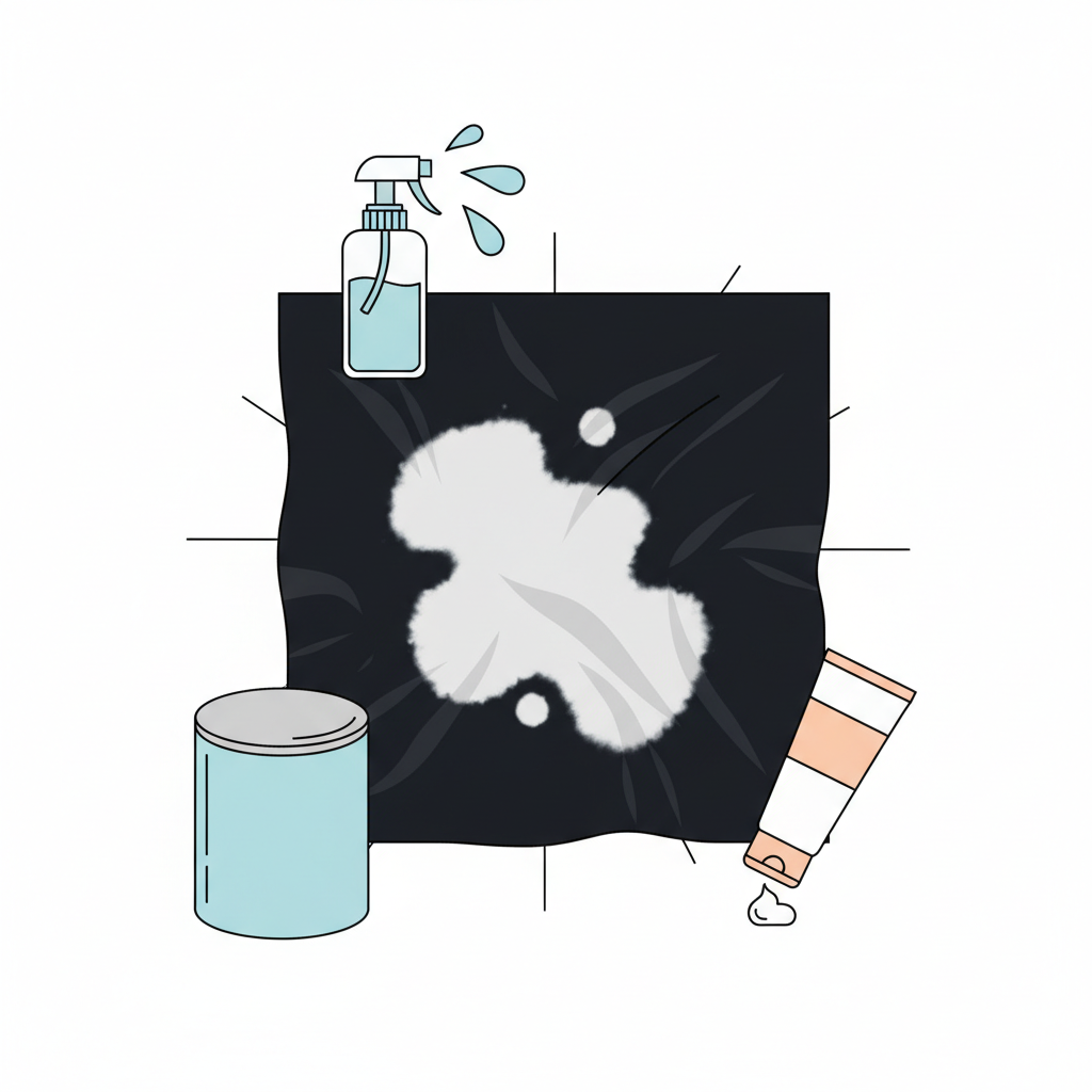 A striking flat illustration featuring a close-up of a piece of deep black fabric, dramatically showing a prominent, irregularly shaped bleach stain in a stark white or light gray color. Surrounding the fabric, in a conceptual layout, are various elements representing common causes: a stylized washing machine drum, a generic spray bottle (no label) emitting a few droplets, and a small, minimalist tube of skincare product. The overall composition should clearly highlight the contrast and the sources of the problem, with clean lines and vibrant colors.