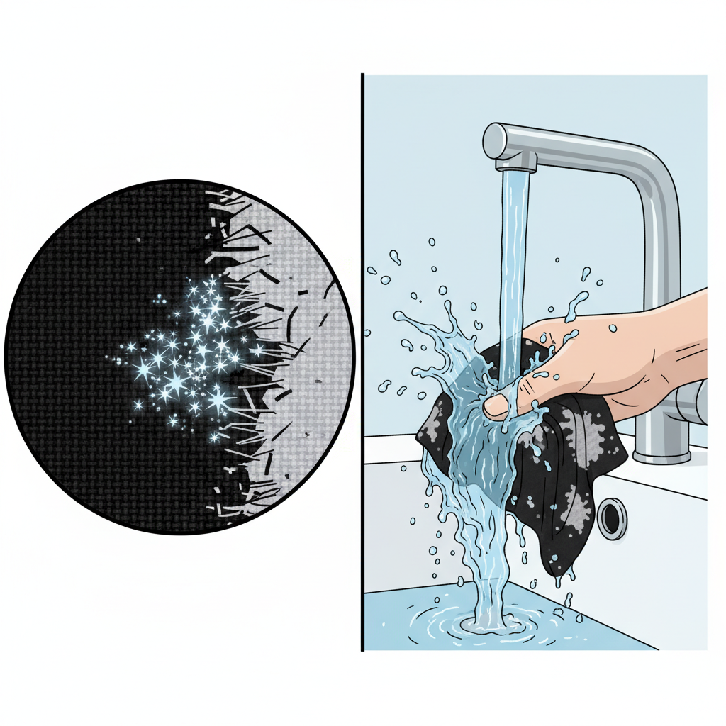 An illustrative scene combining an infographic-style element with a dynamic action. On the left, a magnified view of black fabric fibers shows intact, deep black strands transitioning into a section where abstract, star-like chemical particles (representing bleach) are actively breaking down the color, resulting in faded, light gray fibers. On the right, a human hand is quickly holding and thoroughly rinsing a small section of bleach-stained black fabric under a vigorous stream of cold water from a modern faucet, with splashing water droplets conveying urgency. The style should be clean and informative.