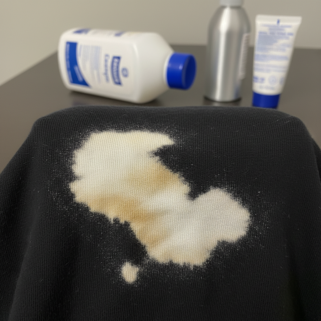 A close-up, high-definition professional photo capturing a prominent, irregular light-colored bleach stain on a rich black fabric, possibly a section of a t-shirt or denim. The texture of the fabric should be clearly visible, emphasizing the contrast between the damaged area and the original deep black. In the soft-focus background, hints of common causes are subtly visible: a partially tipped bottle of household bleach or a cleaning spray, and a small tube or container of skin cream. The lighting should highlight the stain and the fabric's quality, conveying a sense of a common household problem that needs addressing.