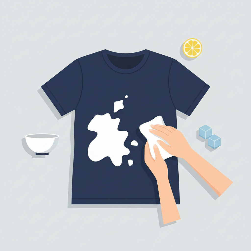 A professional, clean flat illustration depicting a dark blue or black cotton t-shirt with a stark white, irregular bleach stain prominently displayed. A pair of gentle hands, partially visible, are carefully dabbing or treating the stained area with a soft cloth. Around the t-shirt, subtle, abstract representations of common household items like a small bowl, a lemon slice, or a few ice cubes are strategically placed, hinting at solutions without being too literal. The overall mood should be one of hopeful restoration and and careful attention, emphasizing the idea of rescuing damaged textiles.